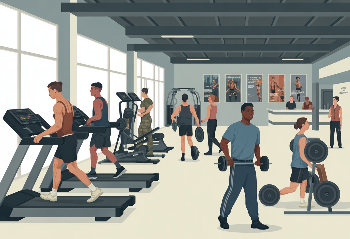 A gym scene with military personnel exercising on various fitness machines and interacting with gym staff in a bright, spacious fitness center.