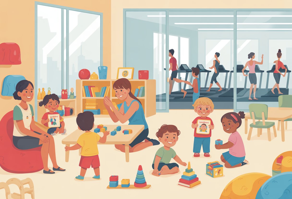 Children playing and reading in a bright child care room inside a fitness center with caregivers watching over them.