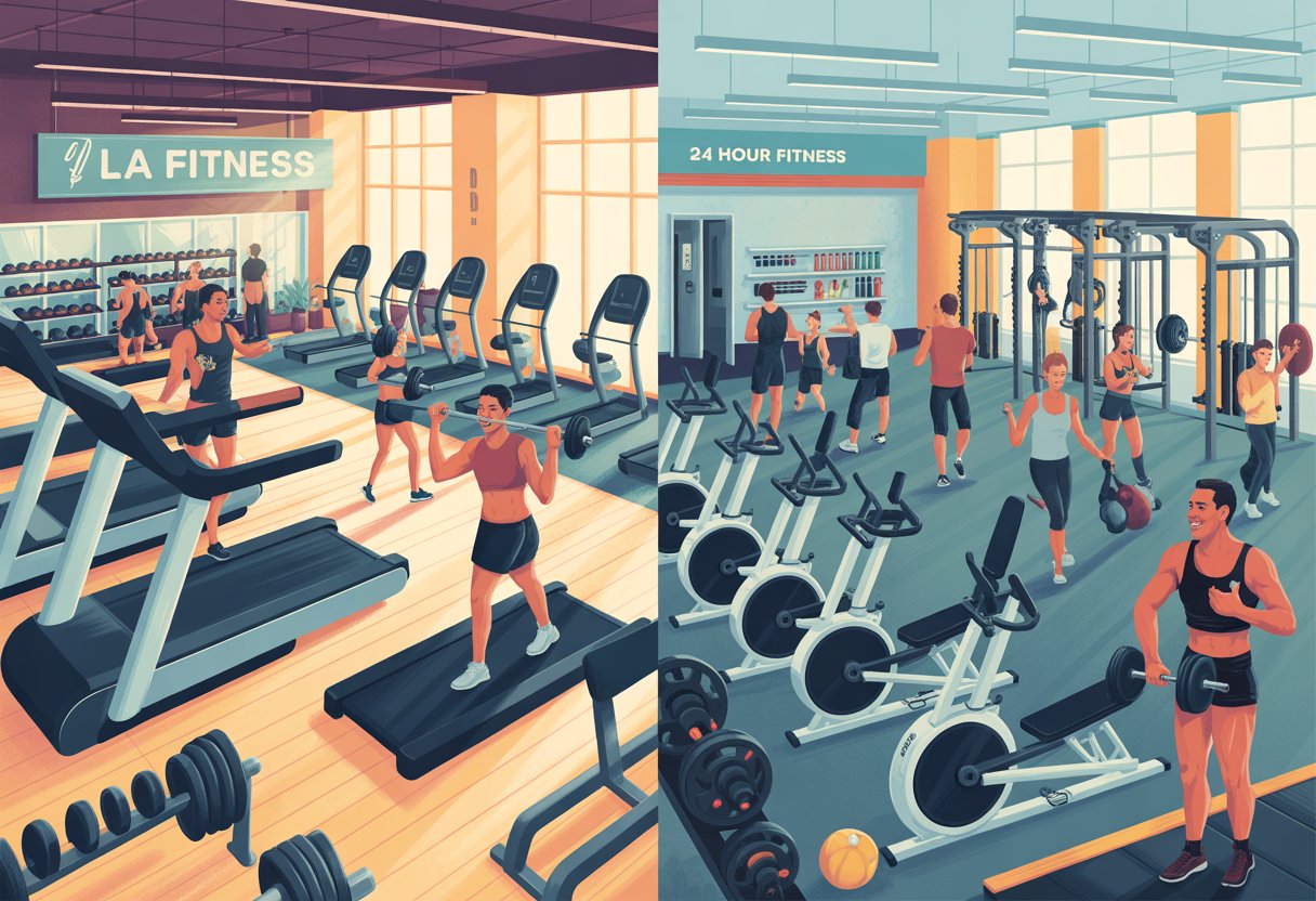 Two side-by-side gym interiors showing people exercising with various fitness equipment in bright, spacious workout spaces.