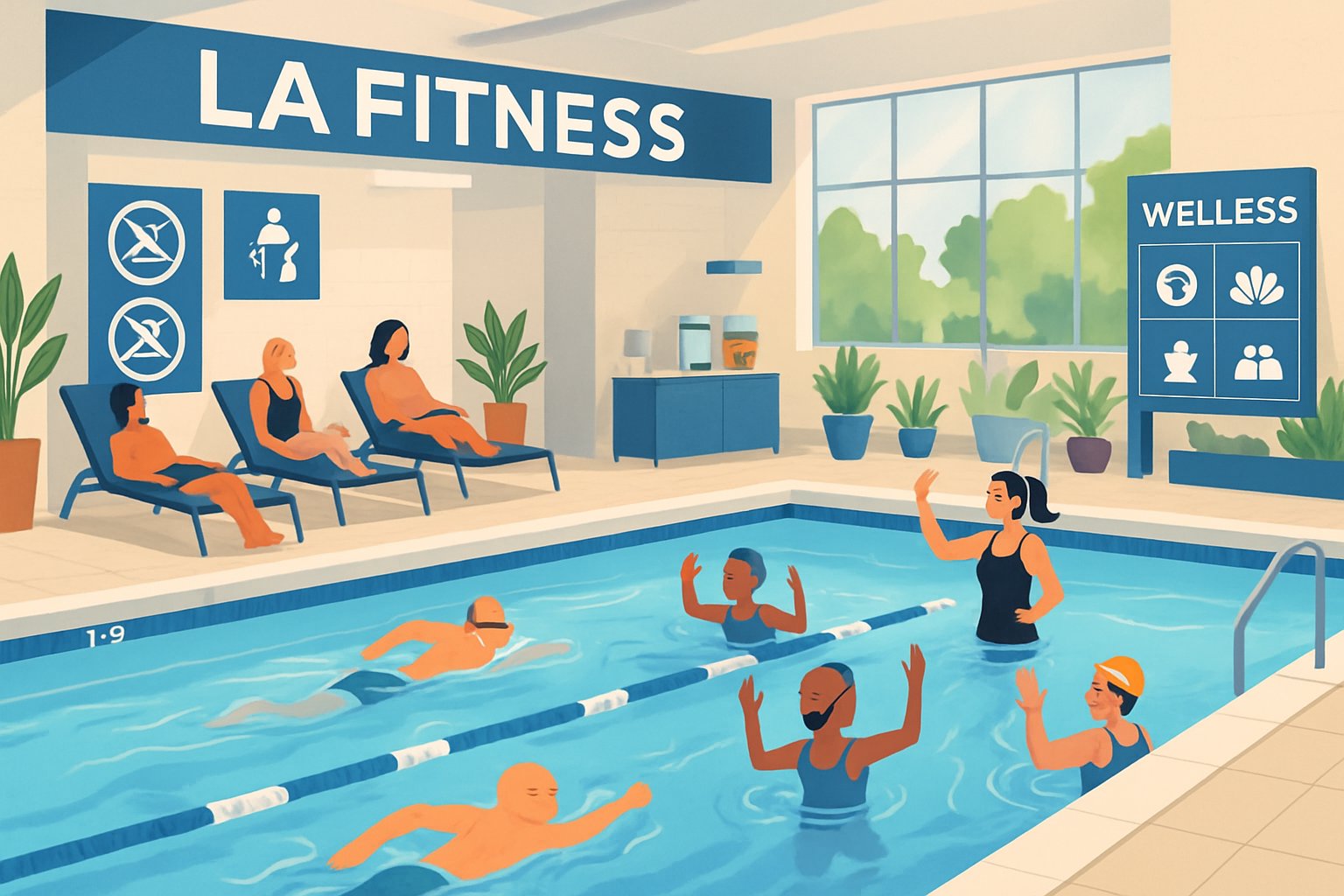 Indoor swimming pool area with people swimming, exercising, and relaxing, surrounded by safety signs and wellness features.