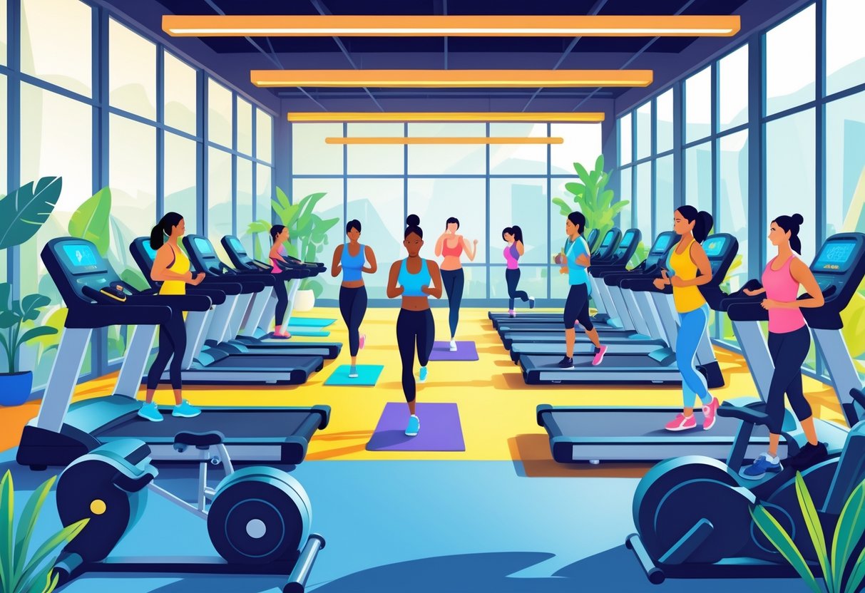 A bright and spacious gym with people exercising on treadmills, lifting weights, and doing yoga, creating an active and welcoming fitness environment.