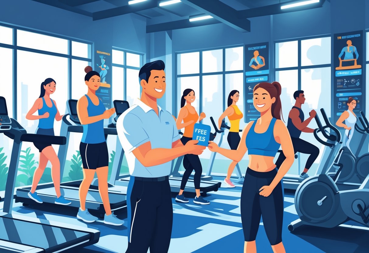 A gym scene where a staff member gives a free pass to a new visitor while people exercise on various machines in a bright, spacious room.