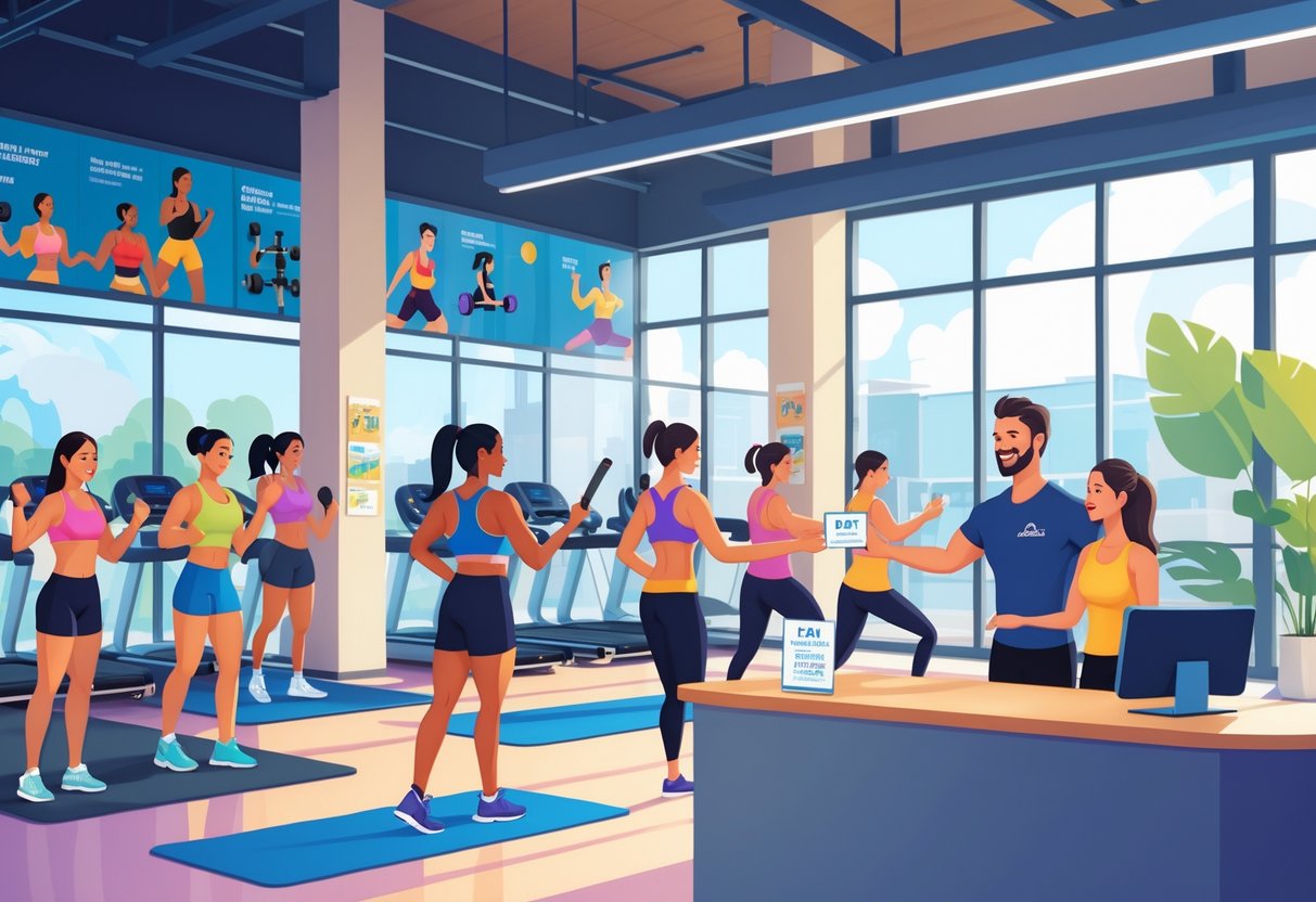 A gym scene showing people exercising and a staff member giving a day pass to a visitor at the reception.