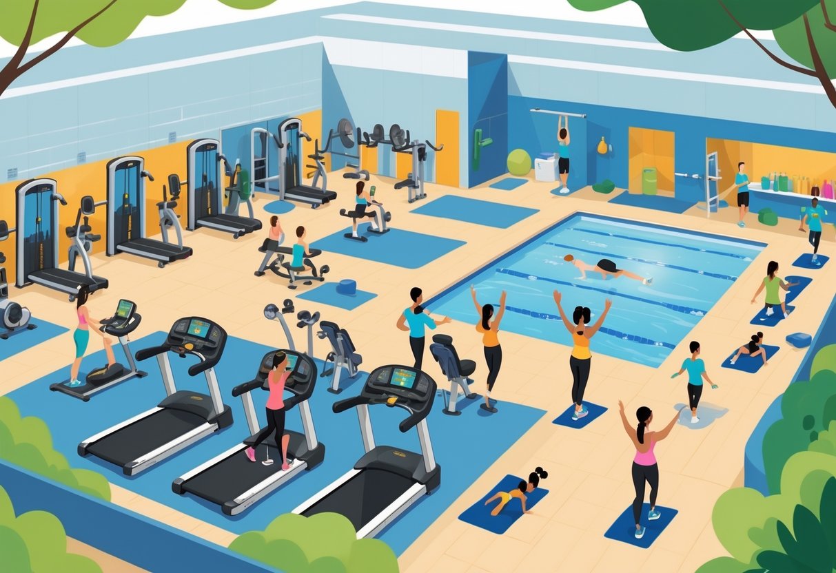 A gym with people exercising on machines, lifting weights, attending a fitness class, a swimming pool, locker rooms, and a smoothie bar.