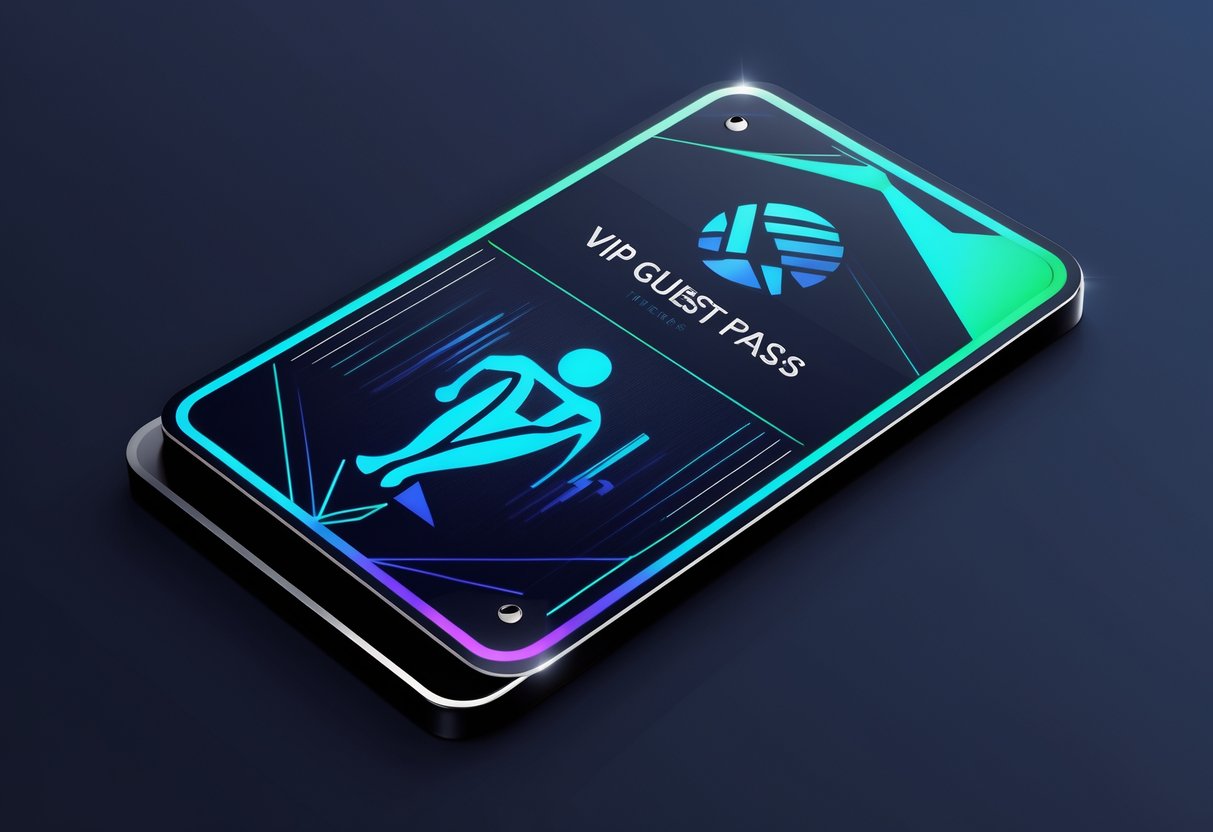 An elegant VIP guest pass card with a dark background, bright blue and green highlights, and a dynamic abstract logo representing fitness.