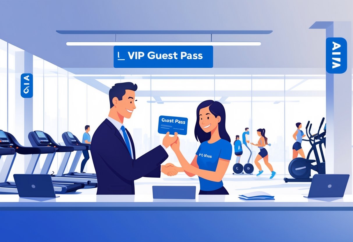 A gym receptionist handing a guest pass card to a smiling visitor at a bright, well-equipped fitness center with people exercising in the background.