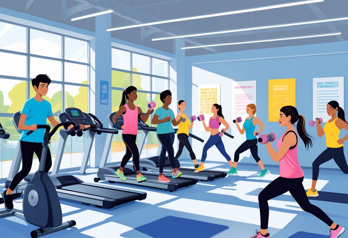A group of teenagers exercising and working out together inside a bright and modern gym.
