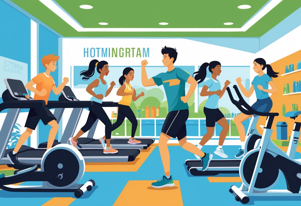 A group of teenagers exercising together in a bright gym with fitness equipment and a trainer supervising.