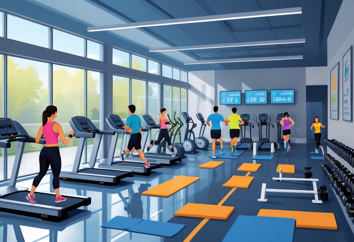 Interior of a modern 24-hour gym with people exercising on treadmills, lifting weights, and stretching in a bright and spacious workout area.