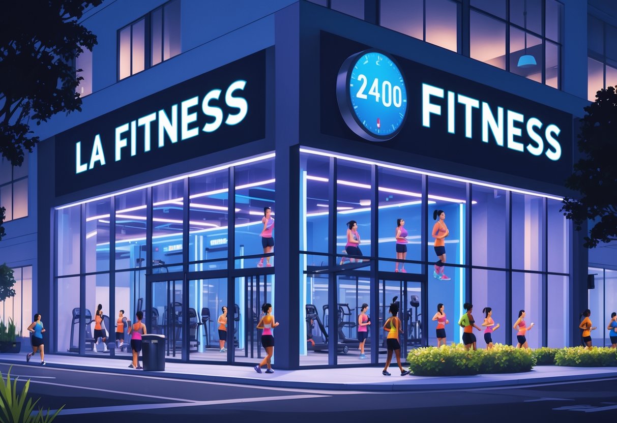 A brightly lit LA Fitness gym at night with people exercising inside and others arriving or leaving, showing a welcoming 24-hour fitness environment.