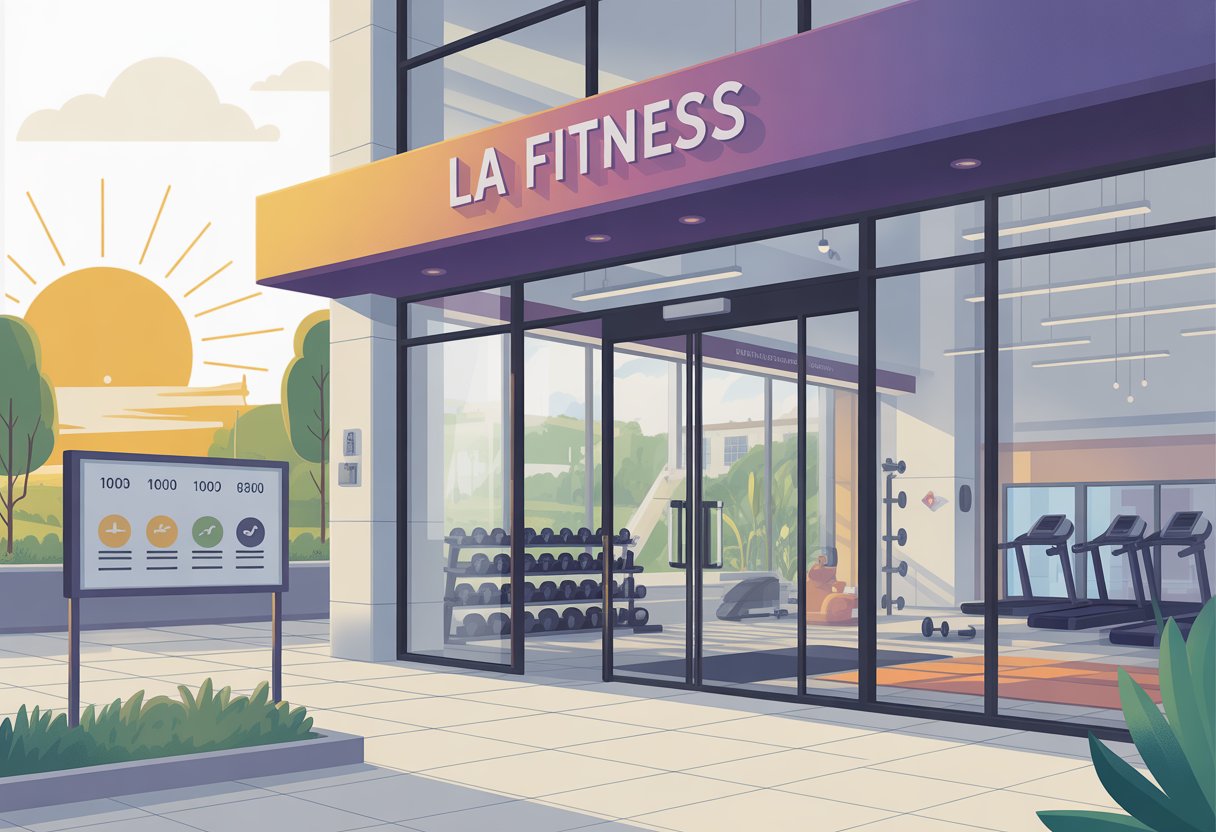 Entrance of a LA Fitness gym showing the building and fitness equipment inside with visual cues representing different times of day.