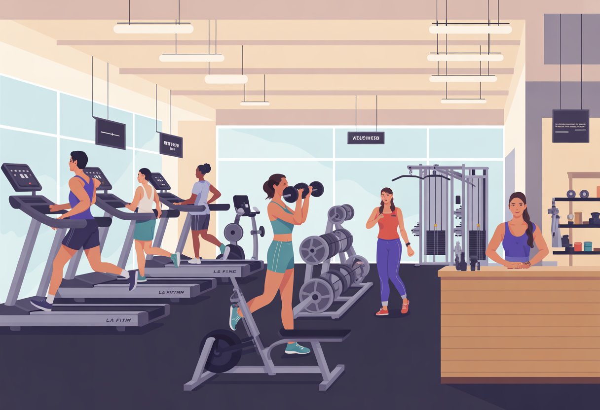 Interior of a busy gym with people exercising on various machines and a staff member at the reception desk.
