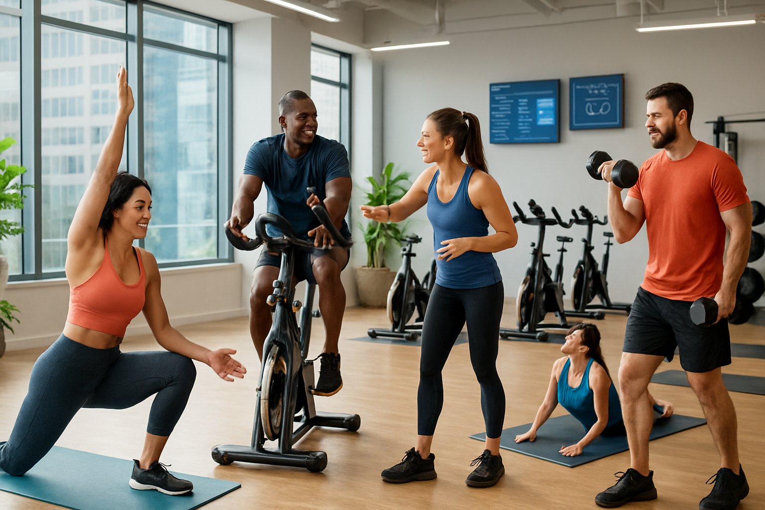 A group of people participating in different fitness classes inside a bright, modern gym with fitness equipment and instructors.
