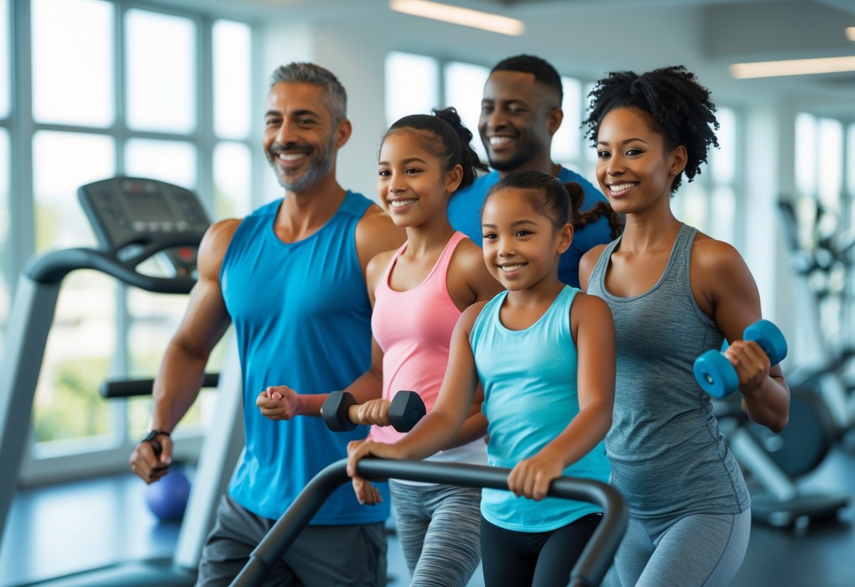A family of four exercising together in a bright, modern gym with fitness equipment.