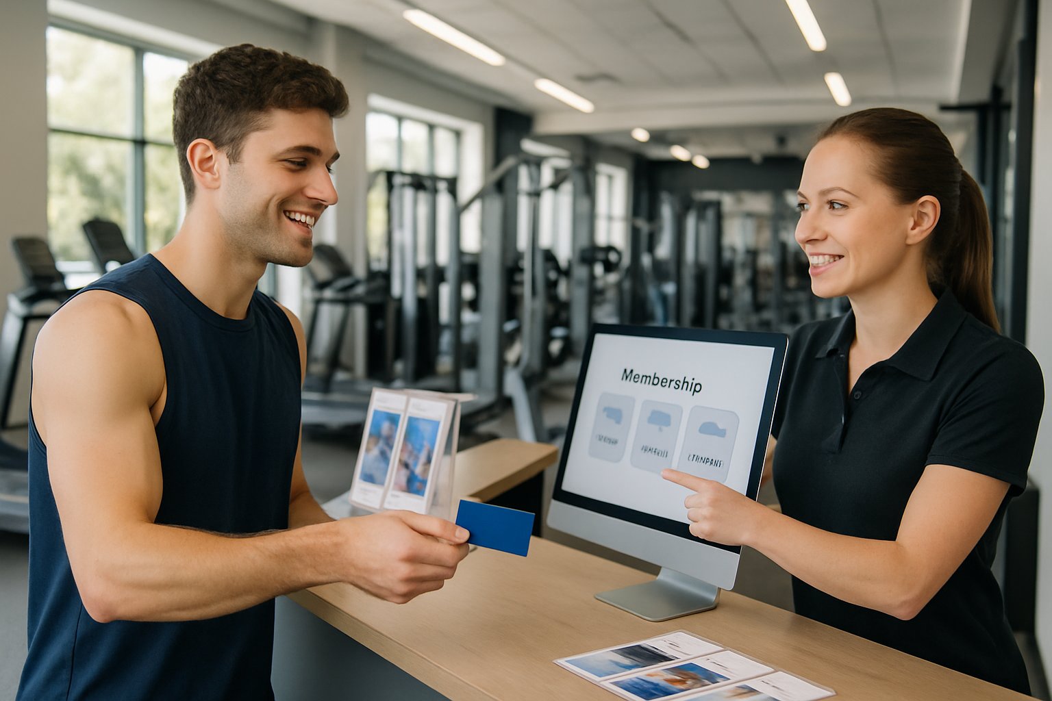 A gym receptionist helping a young adult customer with membership options at the front desk.