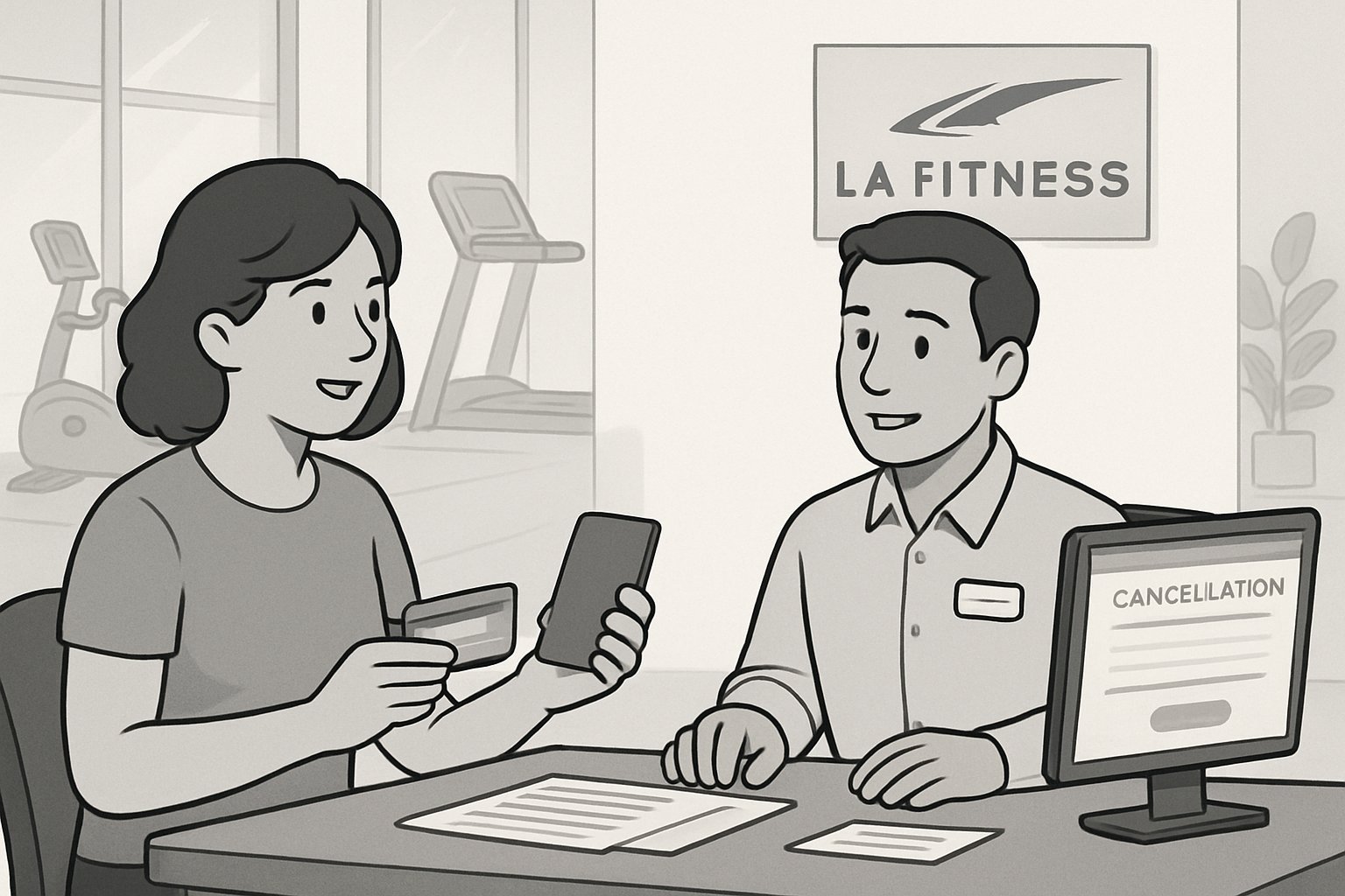 A gym member talks with a customer service representative at a gym reception desk inside a fitness center.