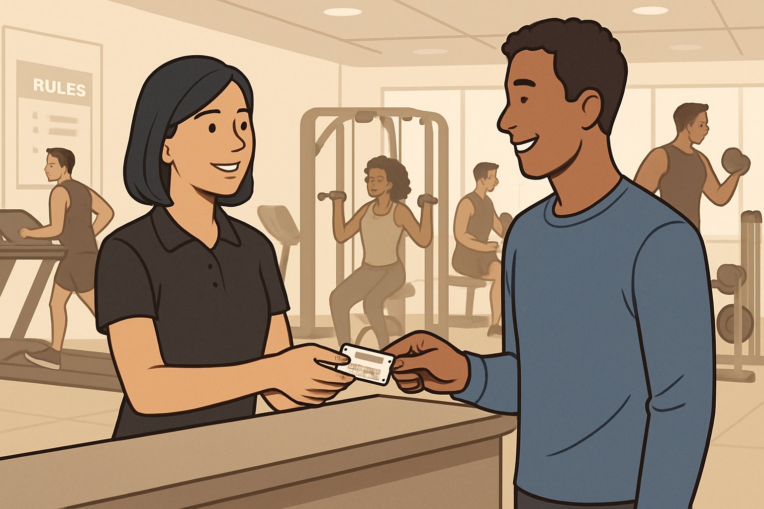 A gym reception where a staff member is giving a guest pass to a visitor while people exercise in the background.