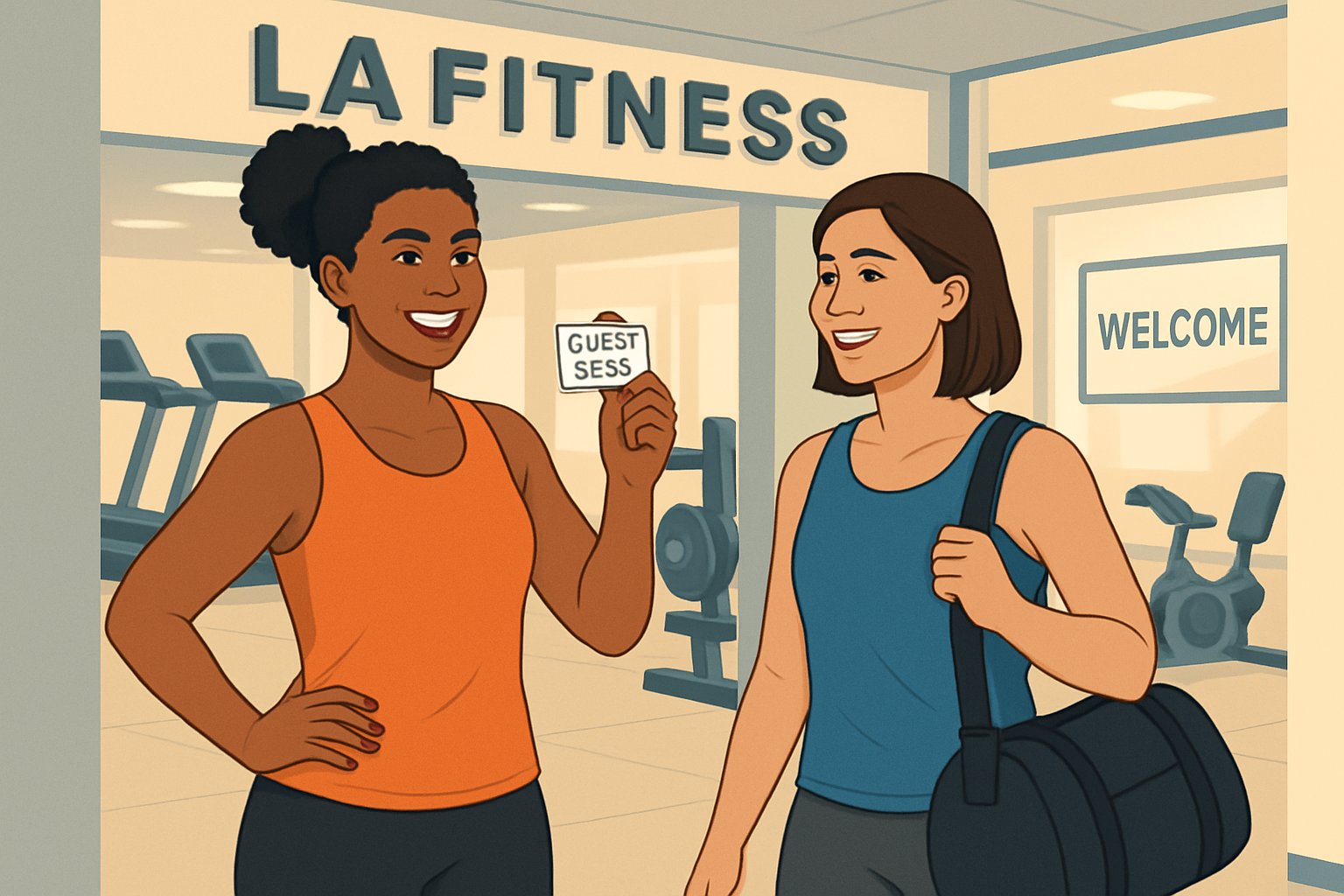 Two people at a gym entrance, one holding a guest pass card and inviting a friend inside, with gym equipment visible in the background.