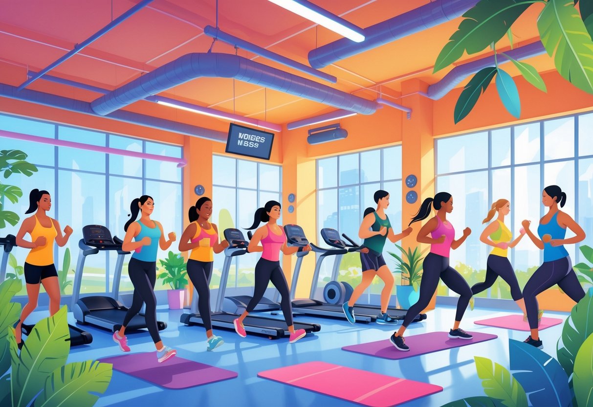 A gym scene showing people exercising with various fitness equipment in a bright, spacious workout area.