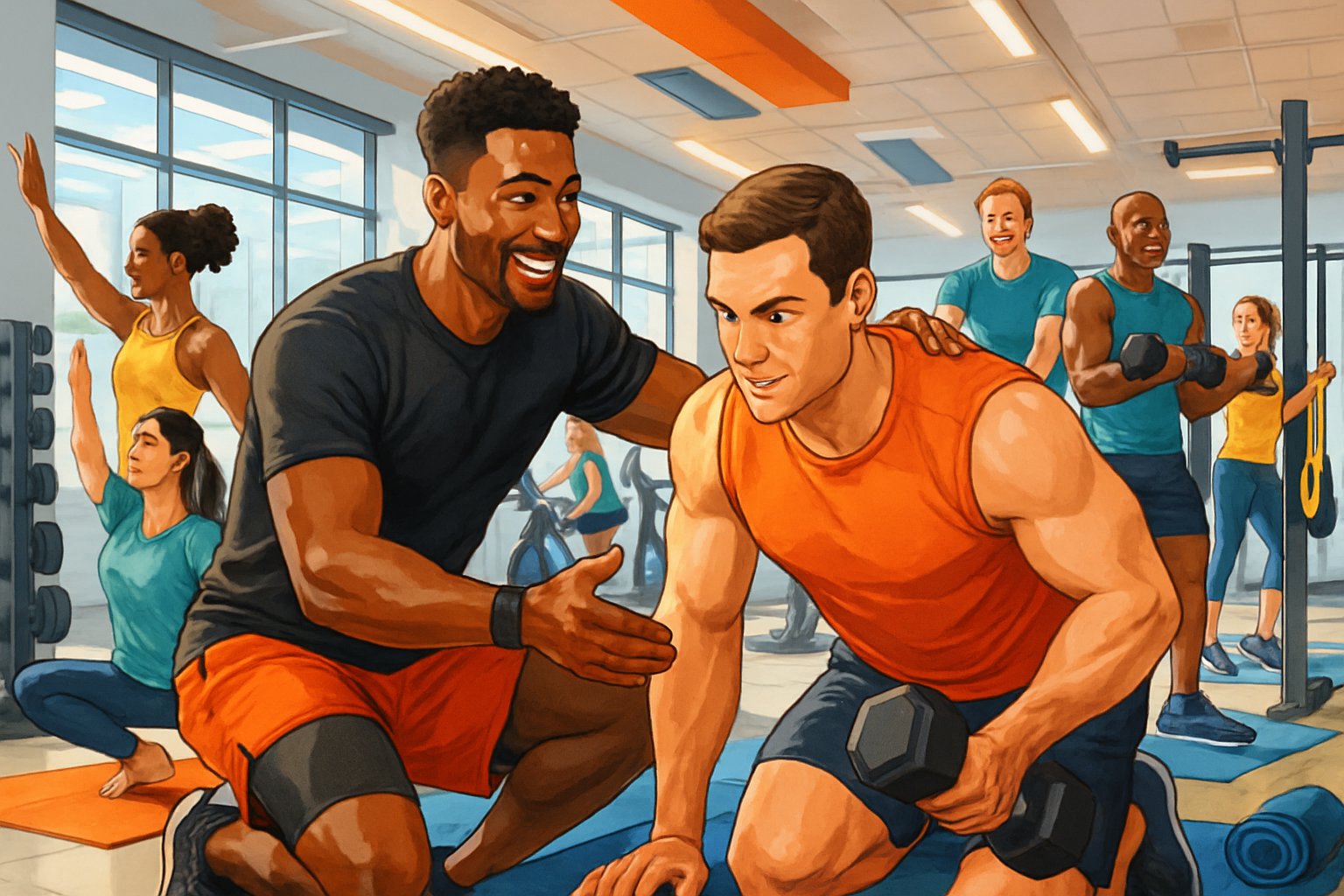 A gym scene showing a personal trainer helping a client while groups of people participate in different fitness classes.