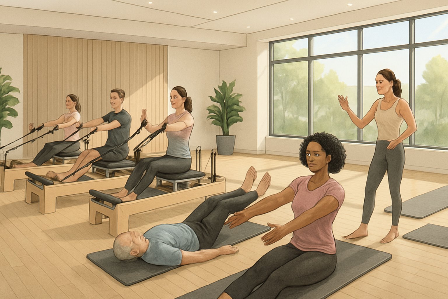 A group of people exercising on Pilates reformer machines in a bright, spacious fitness studio with large windows and plants.