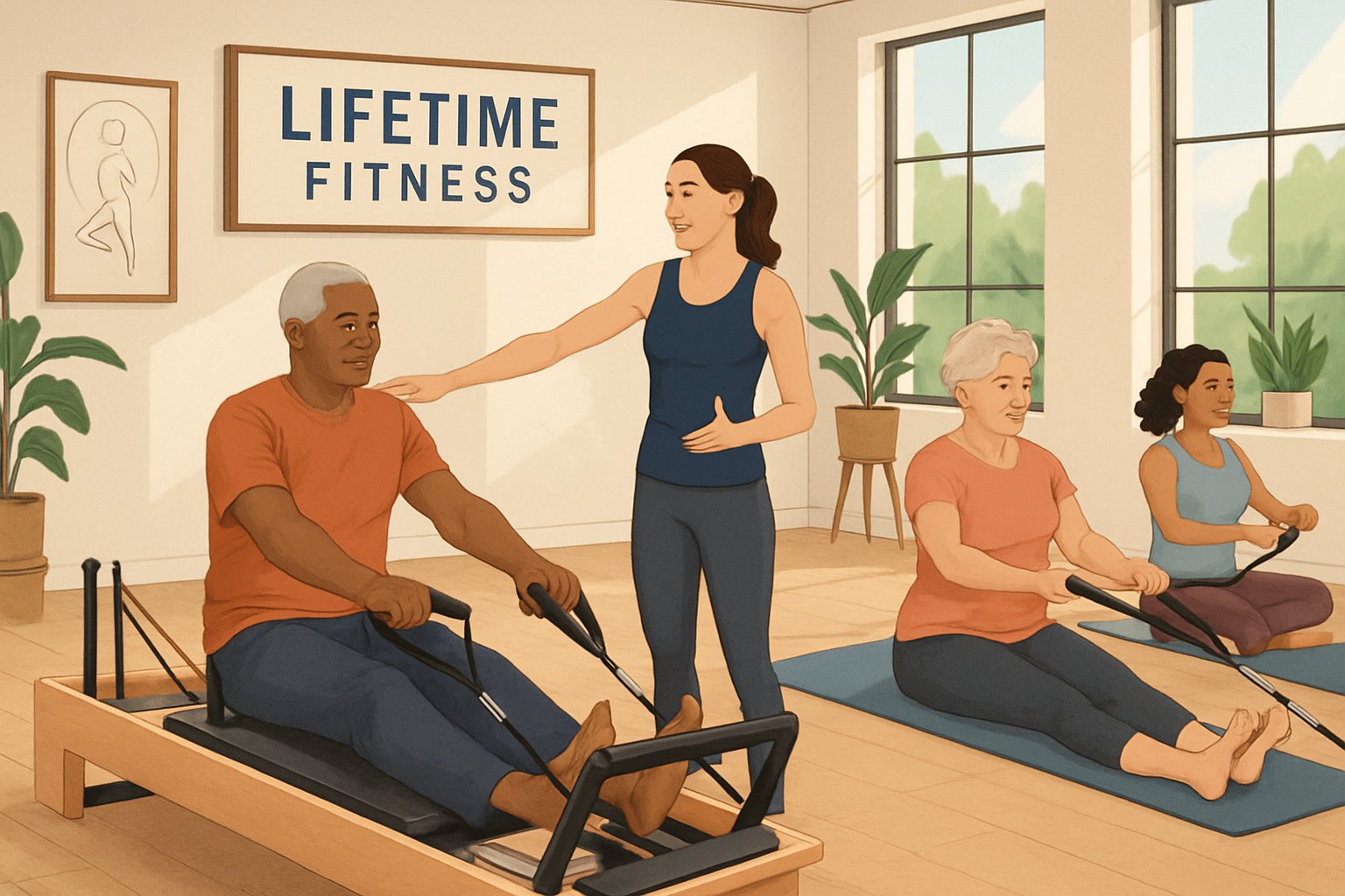Adults of different ages exercising with Pilates equipment in a bright, spacious studio under the guidance of an instructor.