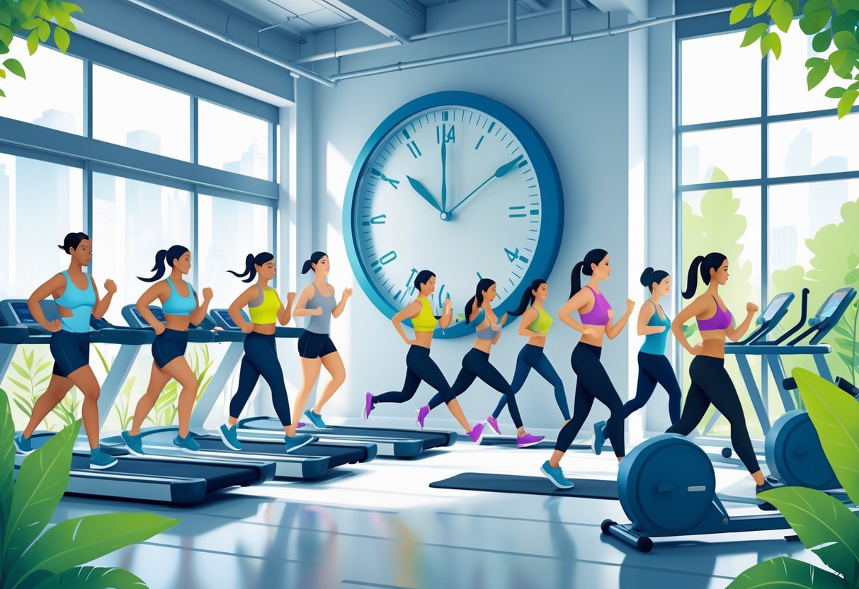 People of different ages exercising in a bright gym with a large clock in the background symbolizing time spent on fitness activities.