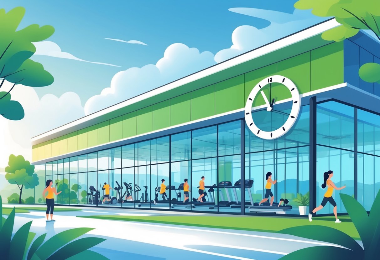 A fitness center with people exercising inside and a clock symbolizing operating hours outside.
