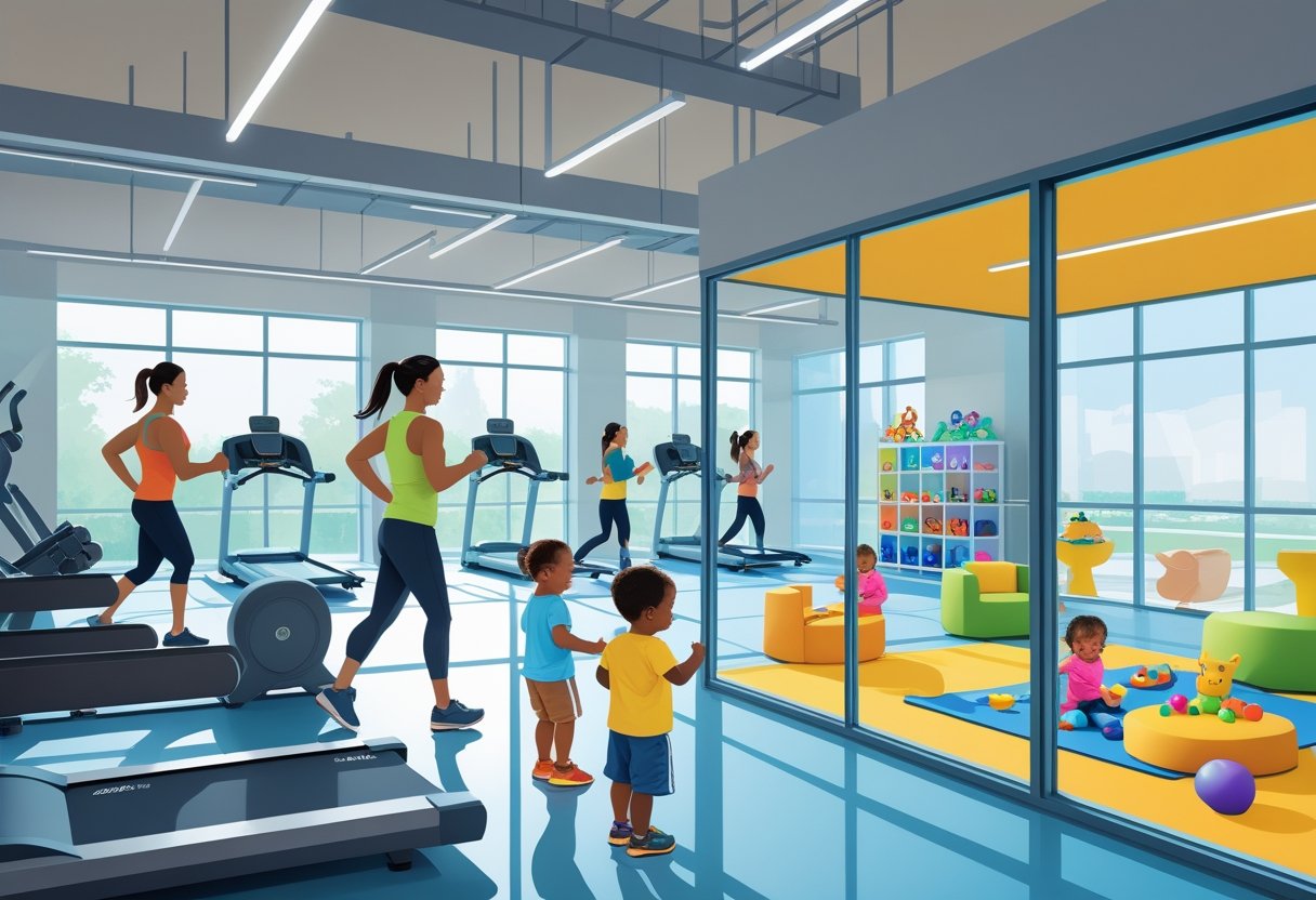 A gym with adults exercising and a visible childcare room where children play under a caregiver's supervision.