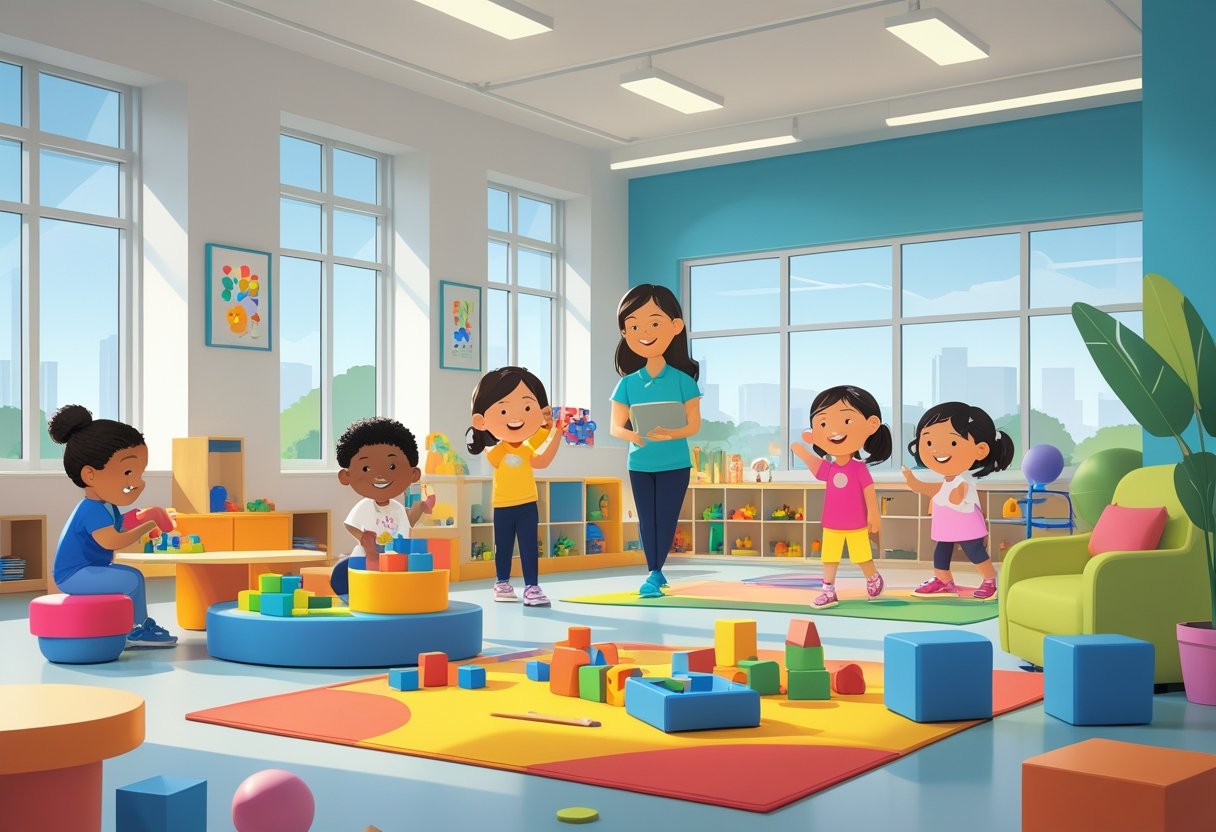 Children playing in a bright childcare room inside a fitness center with a staff member supervising.