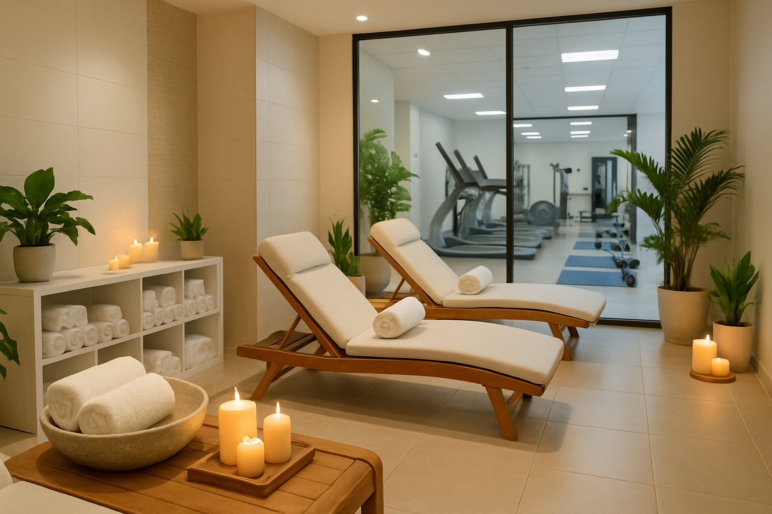 A modern spa relaxation area with lounge chairs, plants, and soft lighting inside a fitness center.