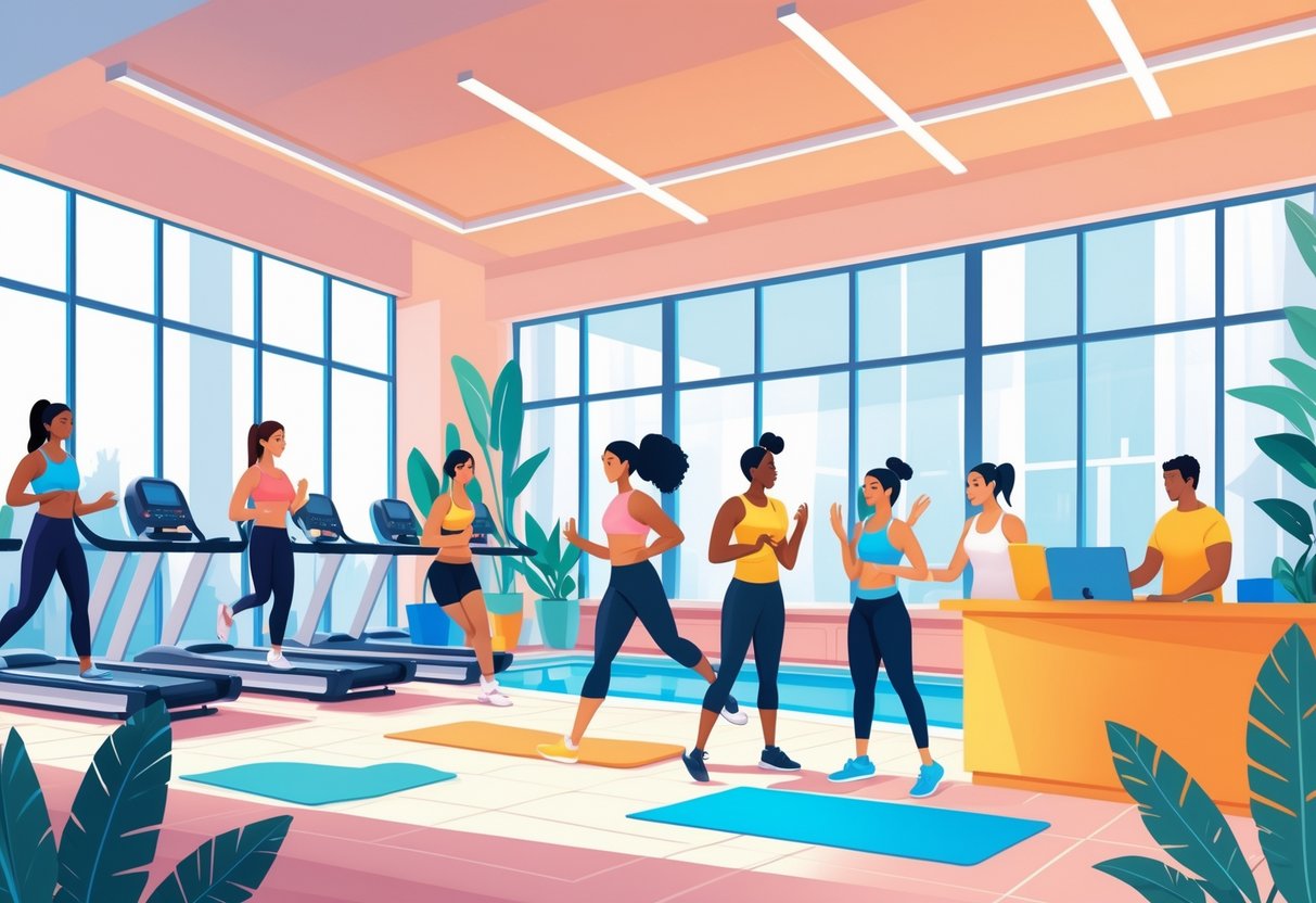 A modern gym with people exercising, including running on treadmills, lifting weights, doing yoga, and swimming, with a staff member helping a visitor at the reception desk.