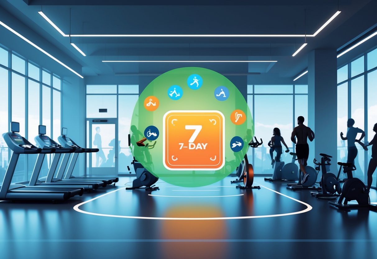 A modern gym scene with various fitness equipment and a glowing card symbolizing a 7-day fitness pass, surrounded by icons representing different workouts.