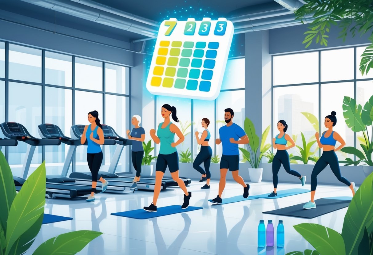 A gym scene with people exercising on various equipment and a glowing calendar icon showing seven days.