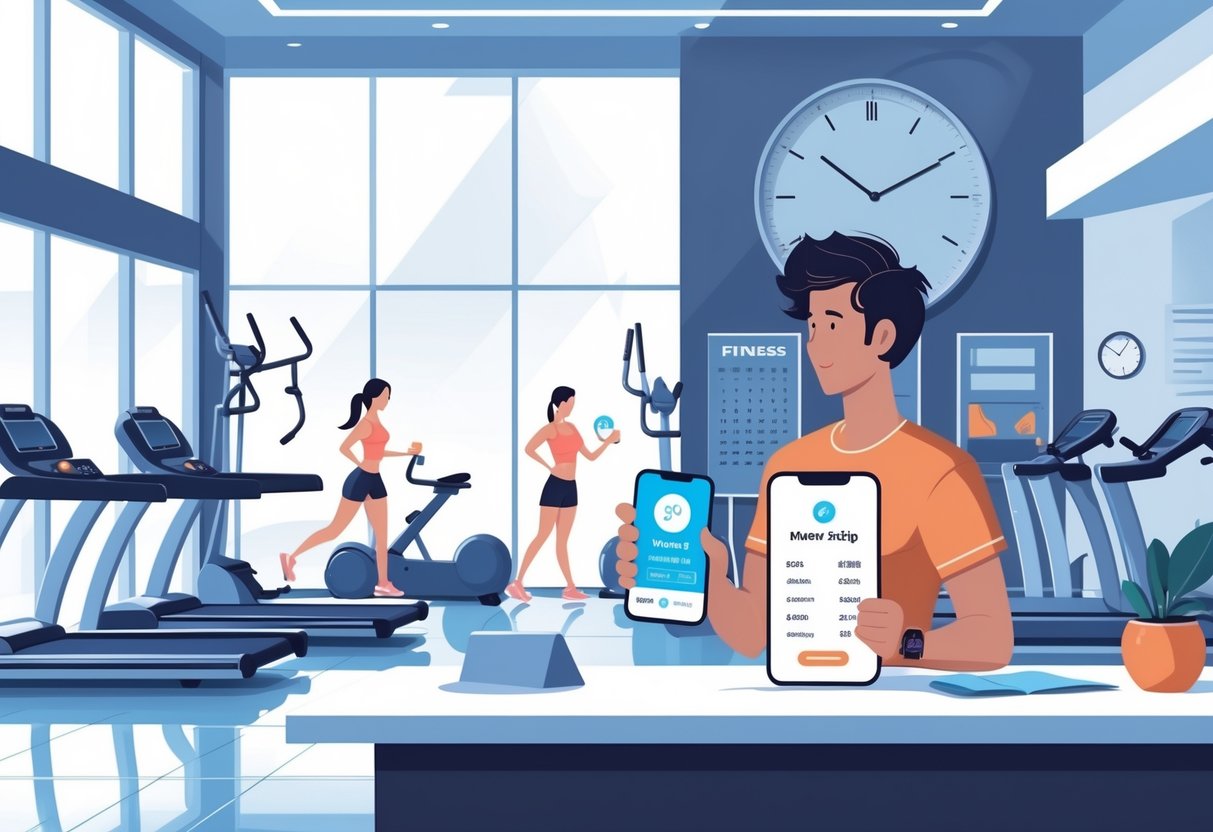 A person at a gym reception desk looks thoughtfully at a membership card and phone, with gym equipment and people exercising in the background.