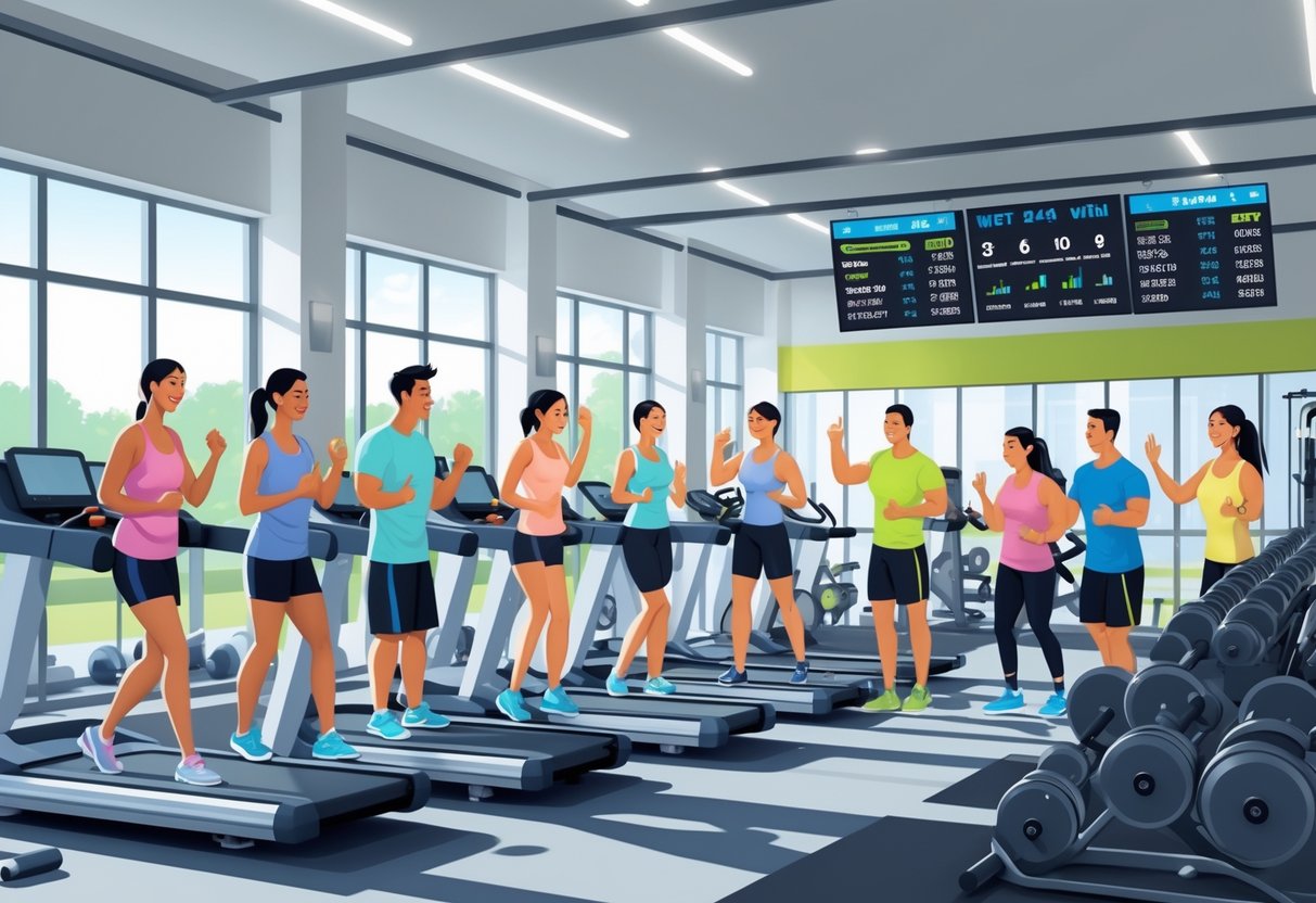A diverse group of people exercising and interacting inside a bright, modern gym with fitness equipment and staff assisting members.