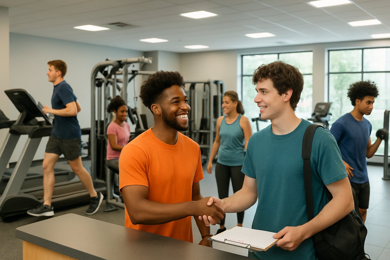 A gym with adults and teenagers exercising and a staff member assisting a young adult at the front desk.