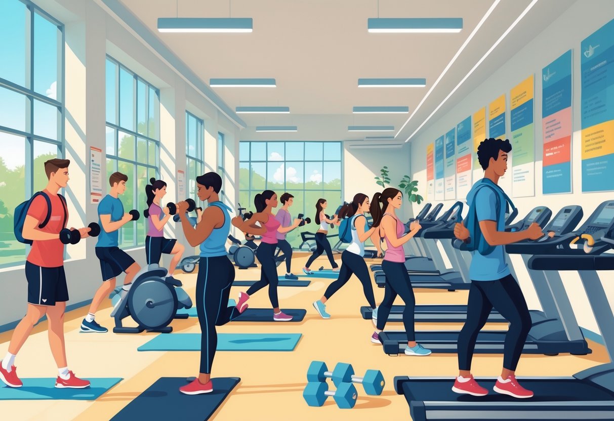 Young adults exercising in a bright gym with fitness equipment, some wearing backpacks and student IDs.