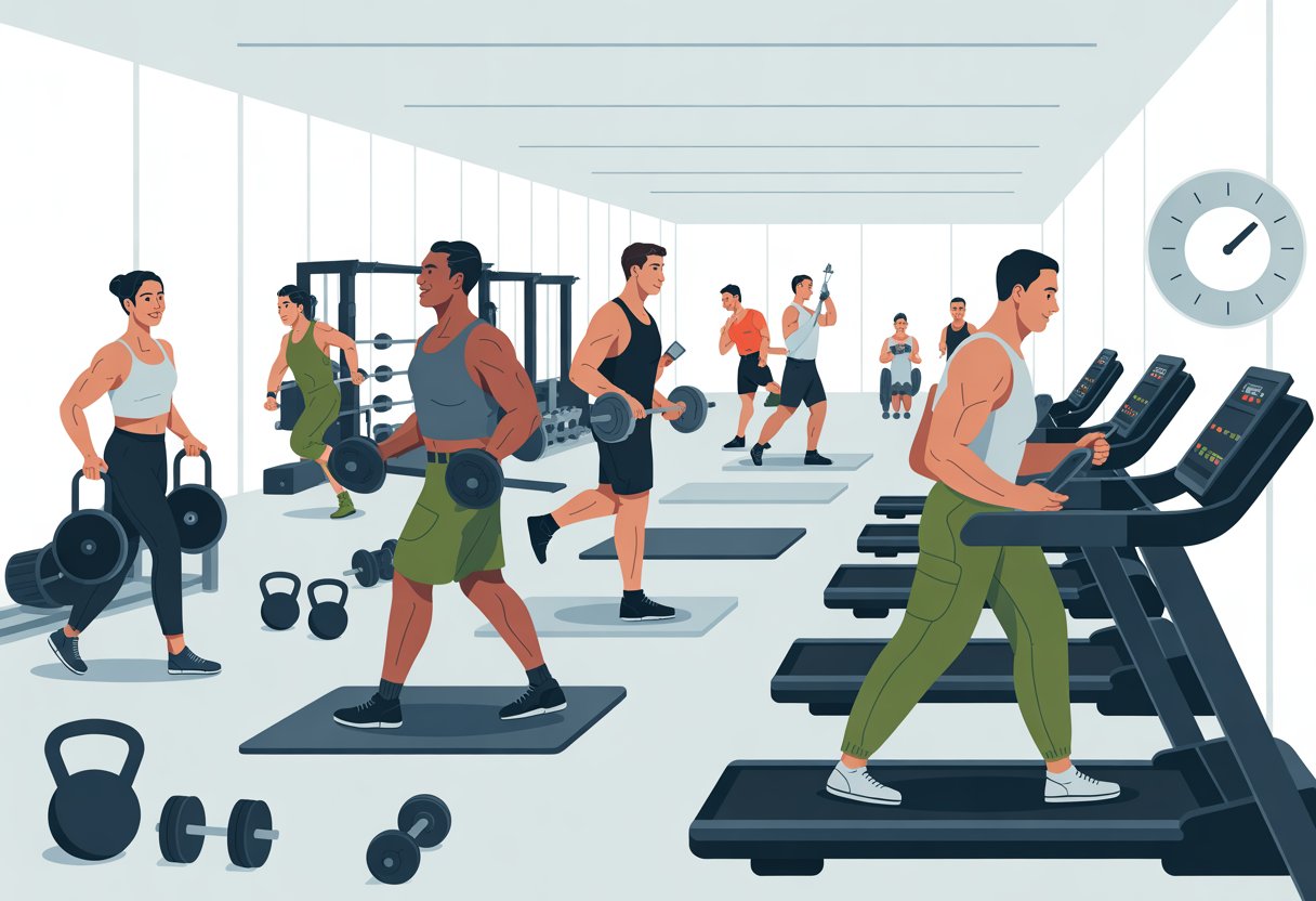 Military personnel working out in a gym with various exercise equipment and a 24-hour clock symbol in the background.