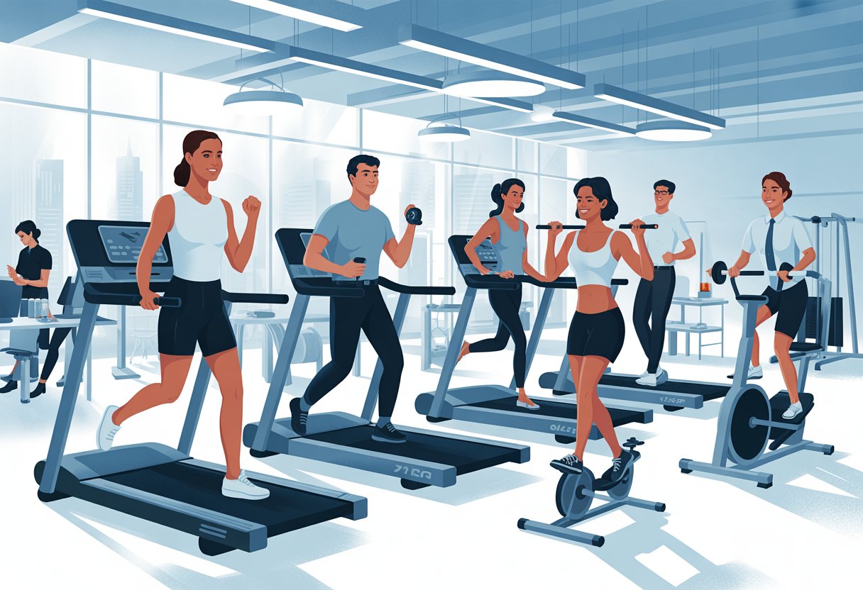 A group of business professionals exercising in a modern gym with office elements in the background, illustrating corporate fitness and wellness.