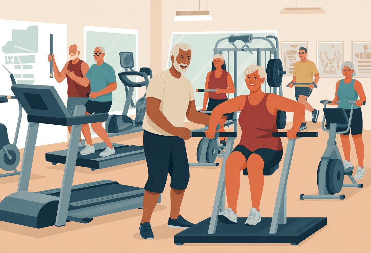 A gym scene with older adults exercising and a trainer assisting a senior woman with gym equipment.