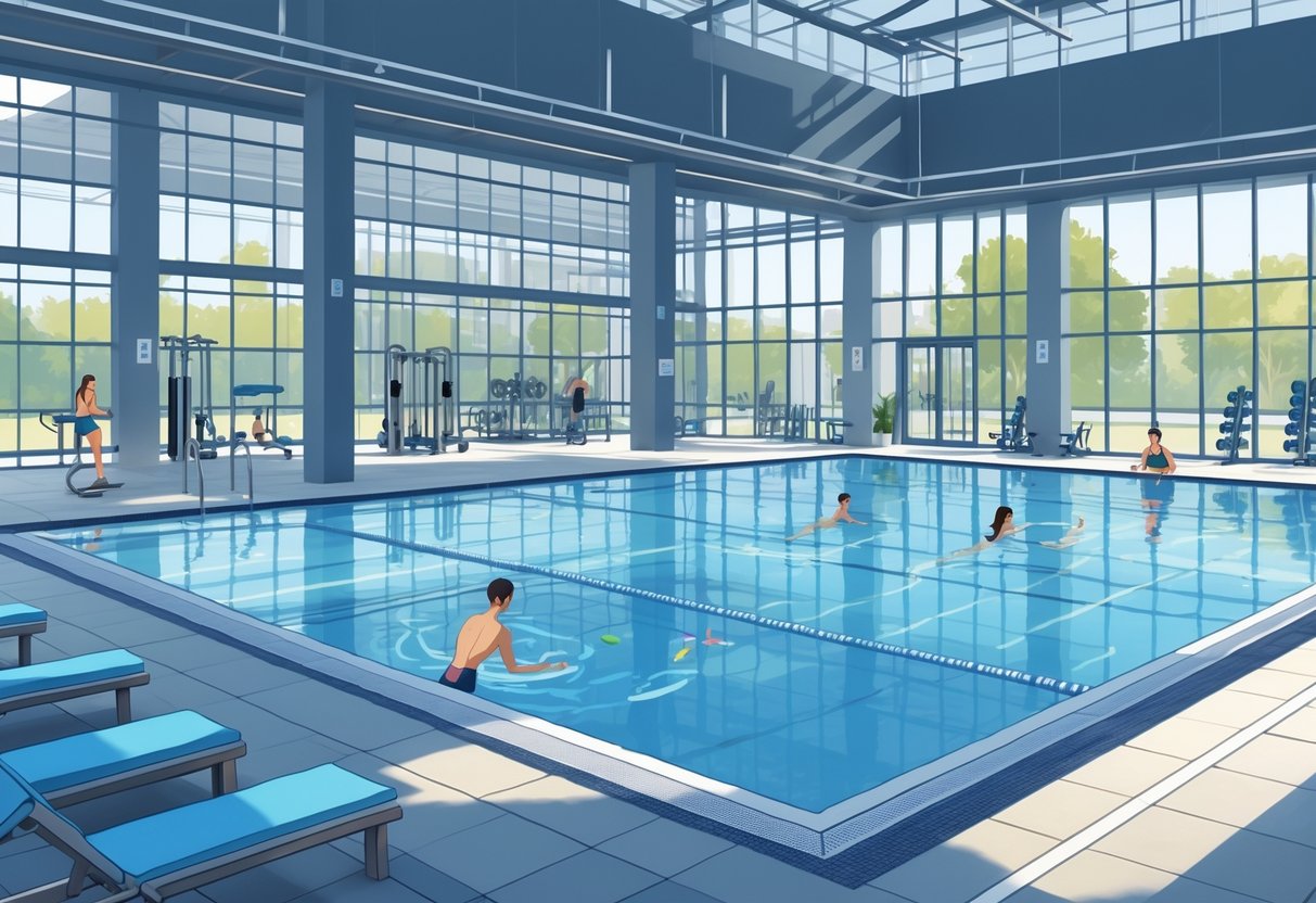 Indoor fitness center with a large swimming pool, people swimming and relaxing, and gym equipment visible in the background.