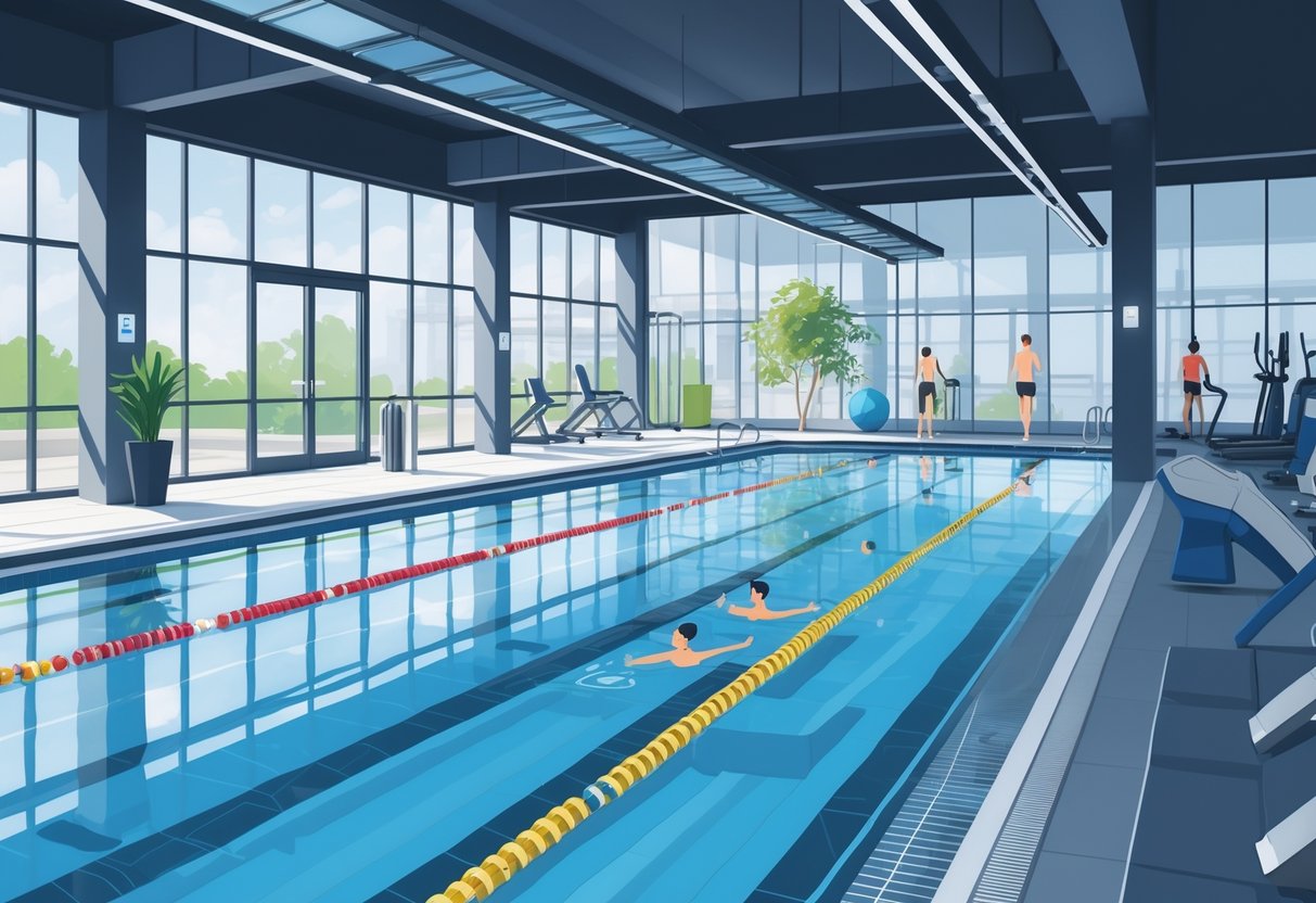 Indoor swimming pool area with people swimming and relaxing, surrounded by gym equipment and large windows.