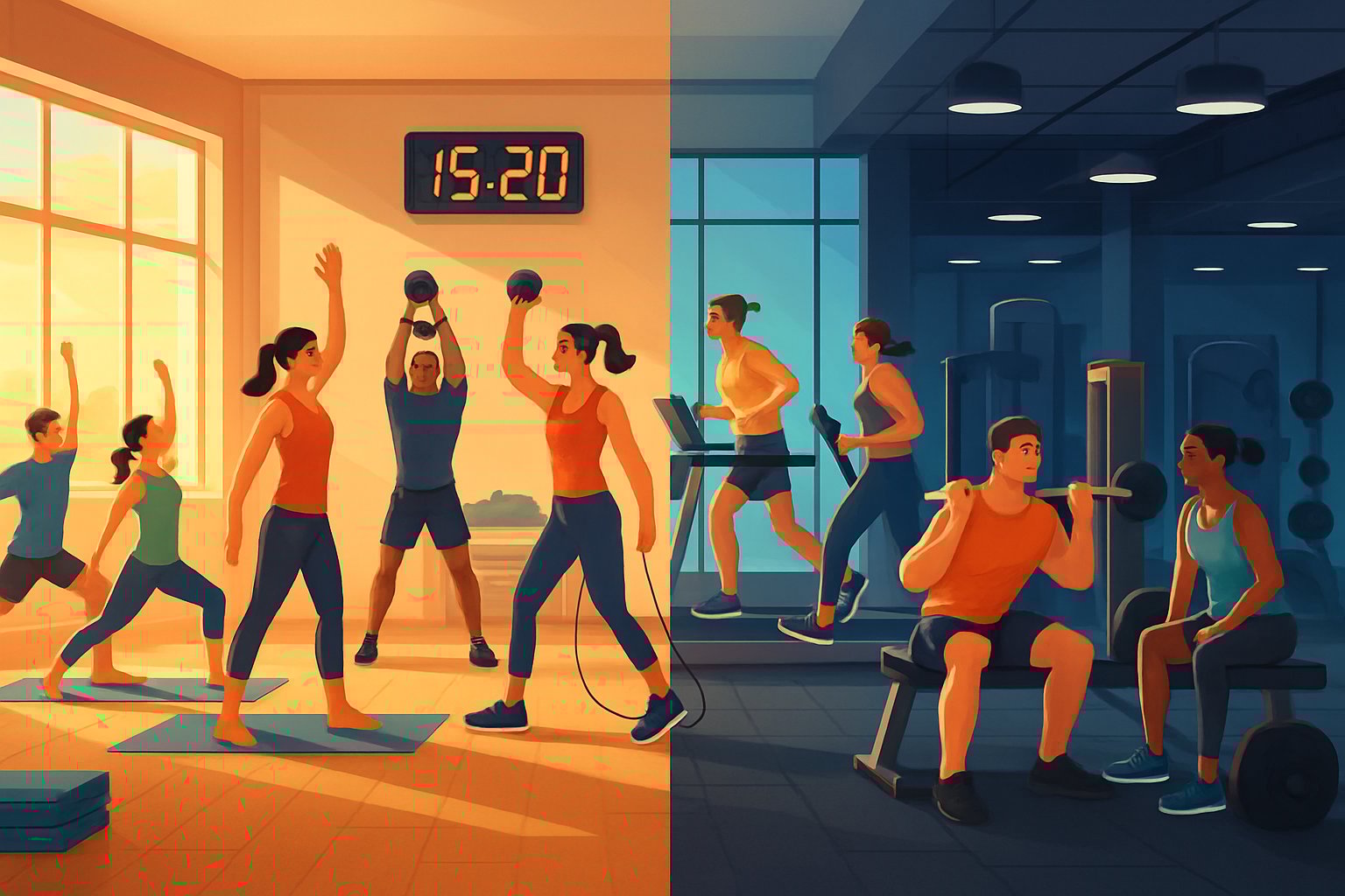 A gym scene showing people exercising at different times of day, including yoga, weightlifting, and cardio workouts in a modern fitness center.