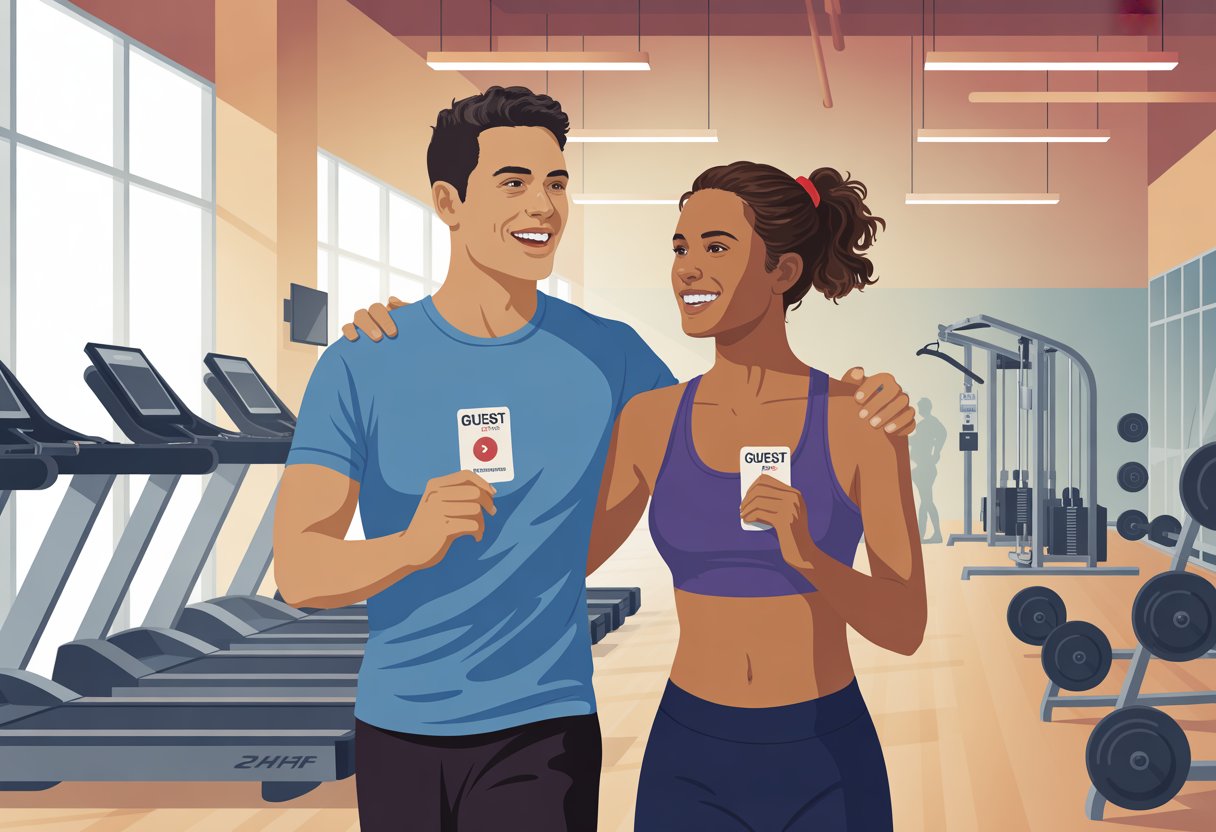 Two friends entering a gym together, one holding a guest pass, with workout equipment visible inside.