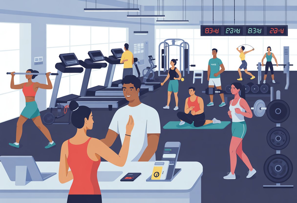 A gym with people exercising on machines and doing yoga, a staff member helping a visitor at the reception, and a digital clock showing different times.