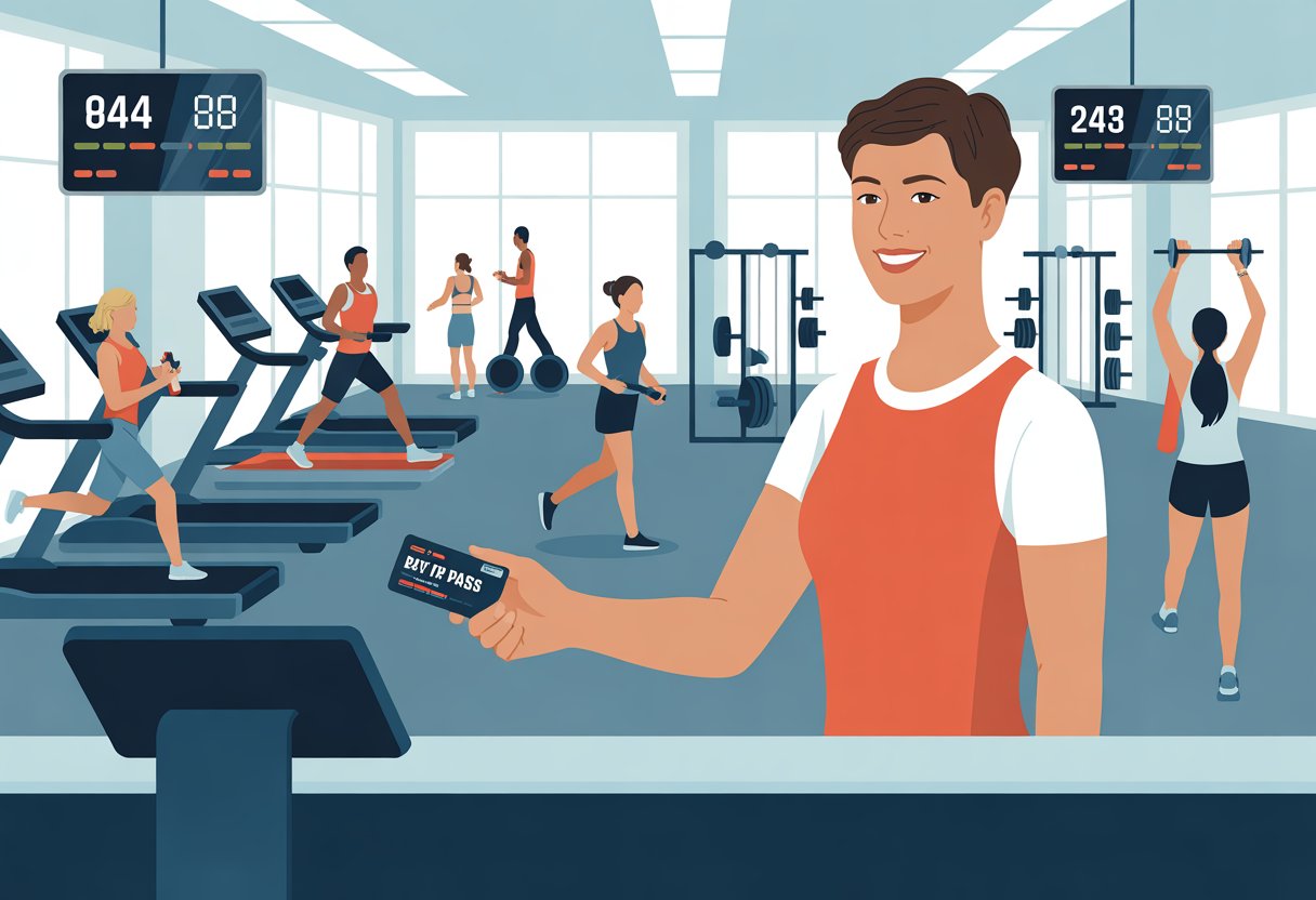 A gym scene with people exercising, a staff member handing a day pass card to a member at the reception desk, and gym equipment in the background.