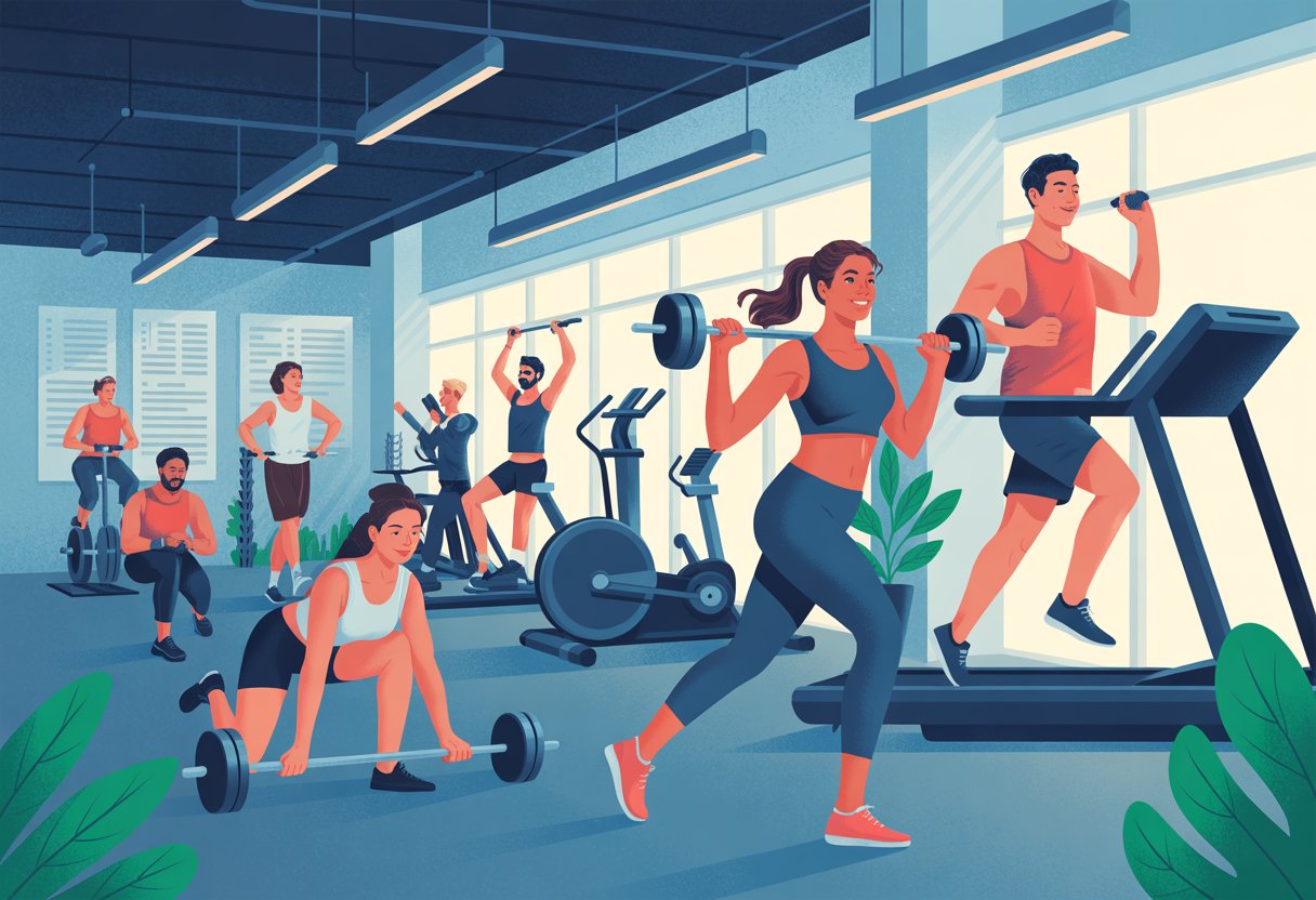 People exercising in a bright gym using treadmills, weights, stationary bikes, and doing yoga.