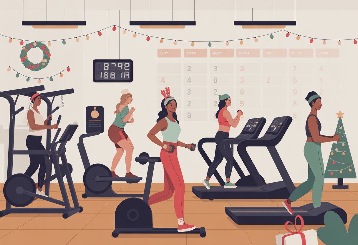 A gym decorated for the holidays with people exercising and a clock showing different times to represent 24-hour operation.