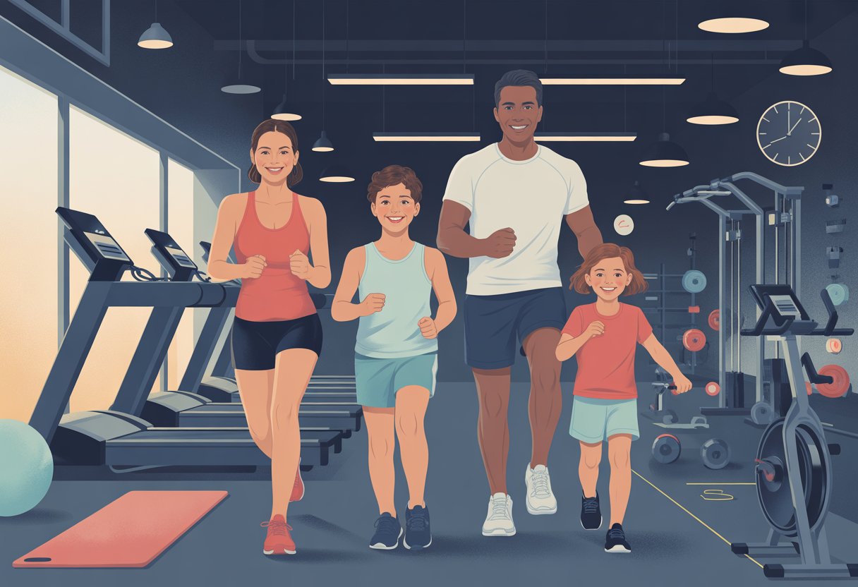 A family of four exercising together in a gym with fitness equipment and a clock showing different times.
